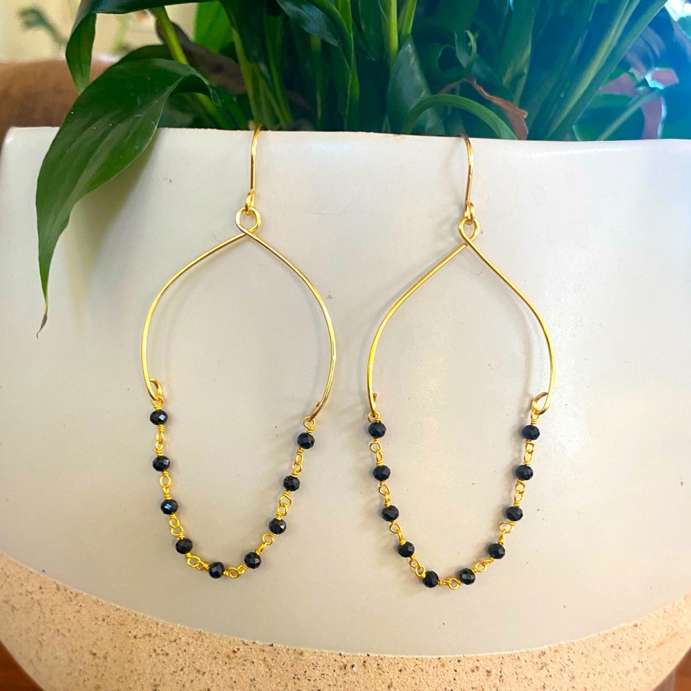 Gold & Black Spinel Chain Earrings